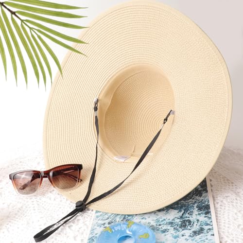 DRESHOW Beach Hats for Women Big Straw Wide Brim Summer Hat Floppy Foldable Roll up Cap Sun Hat UPF 50+ - color: 1 Pack Bowknot Hat: Beige, 4.7" Brim