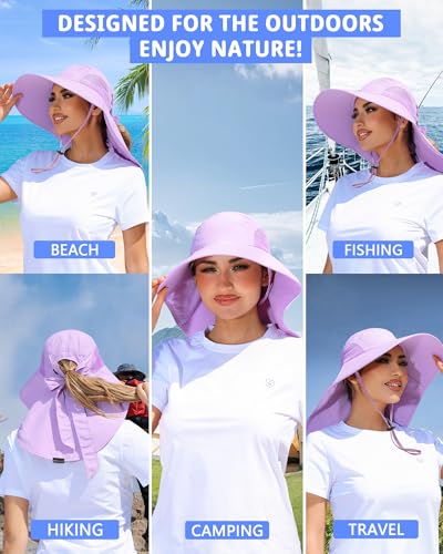 Womens Sun Hat Outdoor UV Protection Wide Brim Fishing Hat with Ponytail Hole Neck Flap for Beach Hiking Camping - color: Sun Hat-purple