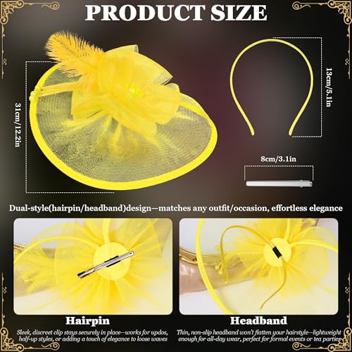 Fascinators Hats for Women Tea Party Hat Vintage Feather Mesh Headband Hair Clip Flower Headwear for Wedding Cocktail Church - color: Yellow