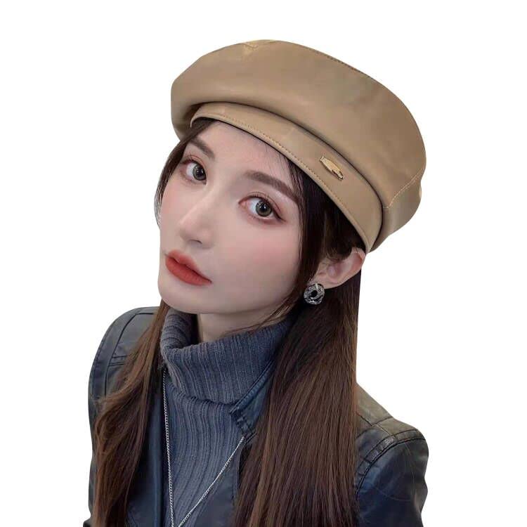 Women Classic PU Leather French Beret Beanie Hat Pumpkin Cap - color: Khaki 2#