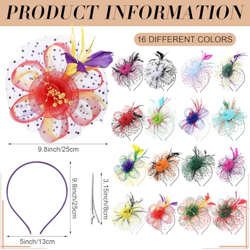 Tarpop 16 Pcs Fascinators Hat Tea Party for Women Flower Mesh Fascinators Hat Wedding Feather Headband Cocktail Hair Clip - color: Mixed Colors, style: Stylish