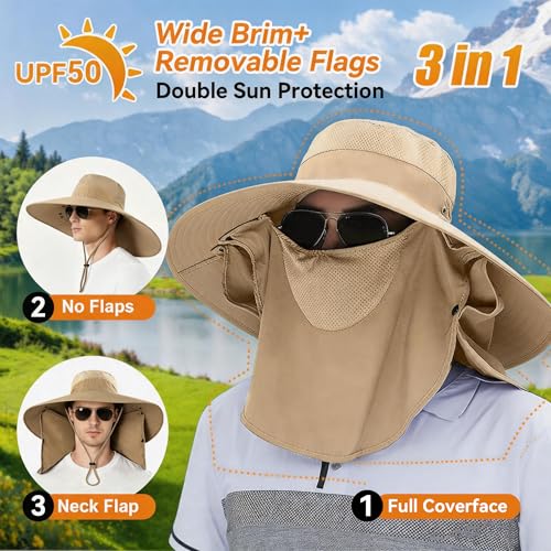 Super Wide Brim Fishing Hat UPF 50+ Sun Safari Hat with Removable Neck Face Flap - color: Khaki
