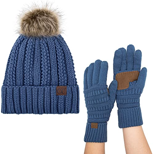 C.C Pom Cable Knit Beanie and Glove Set - color: Dk Denim