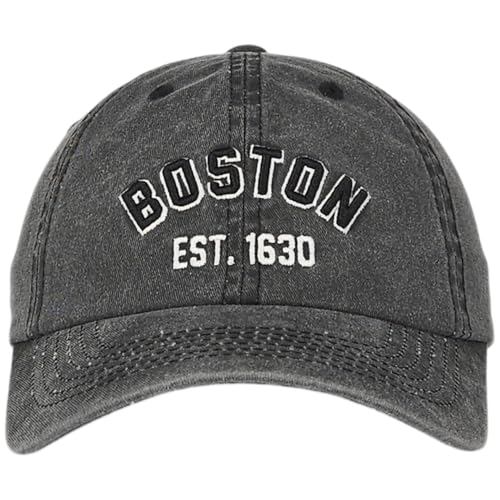 E BY ELIDAN Boston EST 1630 Dad Hat, Embroidered Cotton Baseball Cap - color: Vintage Black