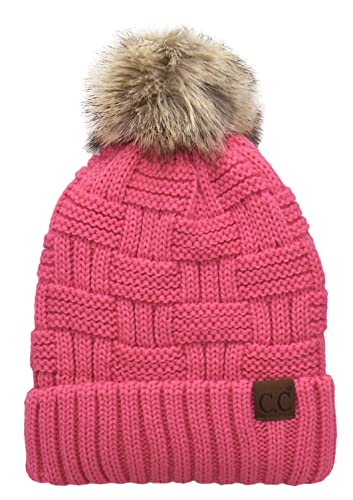 C.C Knit Beanie Hat – Fuzzy Fleece Lined Warm Winter Hat, Faux Fur Pom Soft Stretchy Slouchy Knit Cap, Cold Weather Beanie - color: Candy Pink