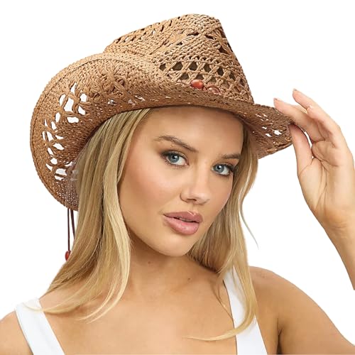 AQOKKA Straw Cowboy Hats for Women Men Western Cowgirl Hats with Shapeable Brim Woven Hollow Out Unisex Beach Roll Up Caps - color: Brown Beads Cowboy Hat : Khaki a