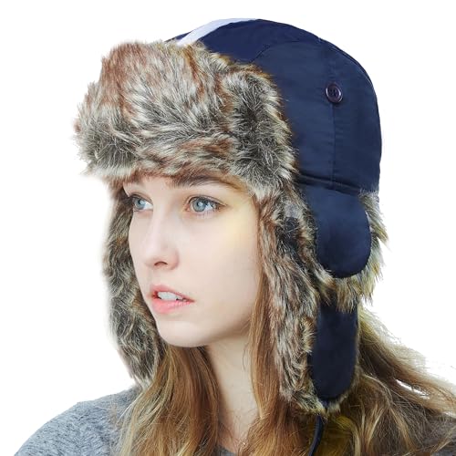 Faux Fur Safety Reflective Plain Plaid Aviator Trapper Hat Snow Ski Trooper Winter Cap - color: 1. Reflective - Navy, size: Large-X-Large