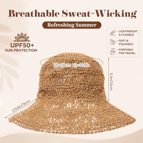 Eurzom Wide Brim Straw Bucket Hats for Women Summer Beach Sun Hat Foldable Packable Outdoor Travel Fedora Hat UV Protection - color: Khaki
