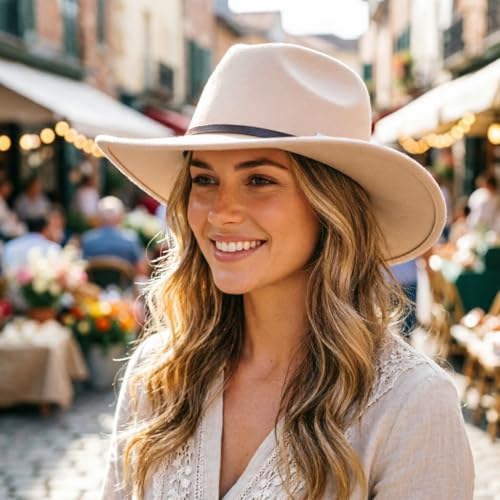DRESHOW Western Cowboy Hat for Women Men Wide Brim Felt Fedora Cowgirl Hats - color: Beige, size: Large