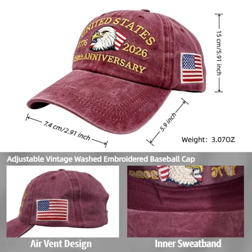 250th Anniversary USA Hat Retro Embroidered Baseball Cap Adjustable Mesh-Back Trucker Hat for Men Women - color: Non-mesh Red