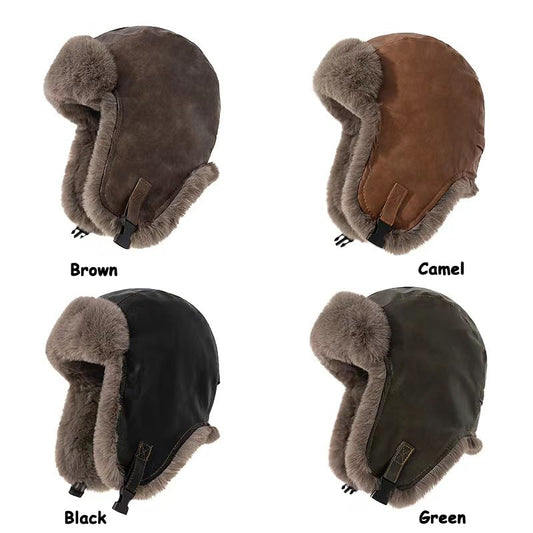Winter Waterproof Trapper Hat,Women Men Faux Fur Bomber Hat, PU Leather Thermal Aviator Cap, Skating Skiing Hunting Hat - color: Brown