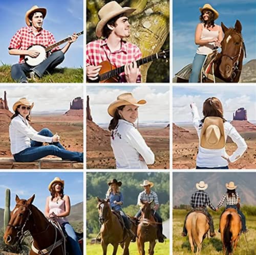 Straw Cowboy Hat for Women Men Classic Western Cowgirl Cap Foldable Sunhat Shapeable Fedora Panama Cap Wide Brim Beach Hat - color: Coffee