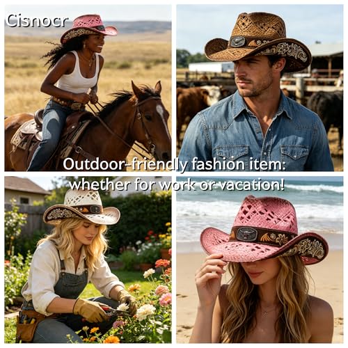 Straw Cowboy Hat Cowgirl Hat for Men Women with Wide Brim