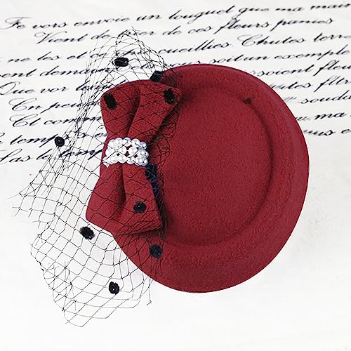 Fascinators Hats Pillbox Hat for Girl and Women - color: Wine Red-fascinator With Bowknot Veil