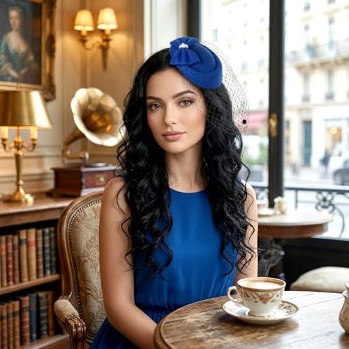 Fascinator Hat for Women Veil Fascinators Tea Party Wedding Retro Pillbox Hats for Cocktail Dresses Accessories - color: Blue