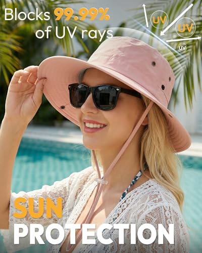 Women Sun Hat with Ponytail Hole Wide Brim Bucket Sun Protection for Summer - color: Pink