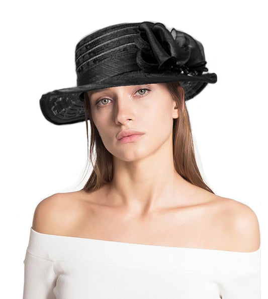 Women's Organza Derby Fascinator Hat Cloche Bowler Hat Cocktail Tea Party Wedding Sun Hat - color: K-black