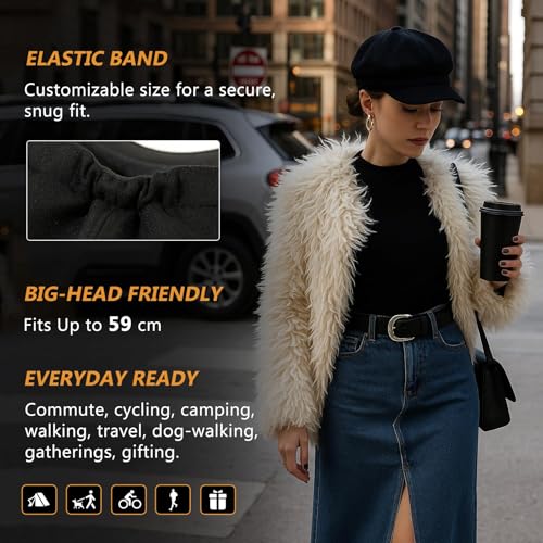 Comhats Women's Wool Winter Warm Newsboy Hats, Fashion Pageboy Beret Cap - color: Black – Elastic Back, Fleece Lined, size: Large