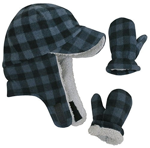 N'Ice Caps Toddler Baby Boys Flap Hat Mitten Set Fleece Sherpa Lined - color: Gray Buffalo Plaid, size: 2-3 Years