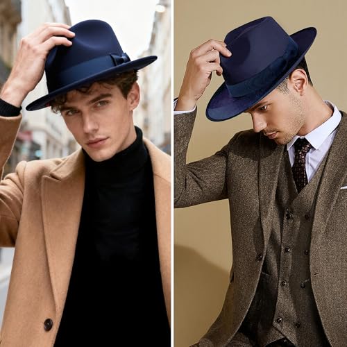 BABEYOND 1920s Fedora Hat for Men Gatsby Wide Brim Hat Felt Panama Cap - color: Navy Blue