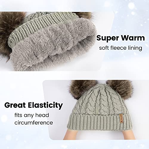 Arctic Paw Pom Pom Beanie Cable Knit Fleece Lined Winter Beanie Women Hat - color: Light Grey