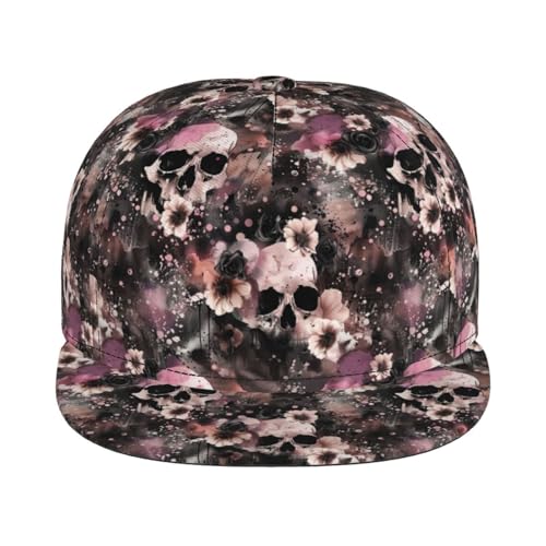 Skull Snapback Hat for Men Women, Stylish Flat Bill Hat Baseball Caps Adjustable Flat Brim Hip Hop Trucker Hats Sun Cap - color: Flowers and Skulls 15