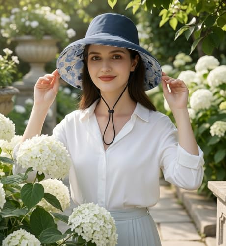 Womens Foldable Shapeable Brim Sun Hat UPF 50+ Cotton Wide Brim Beach Adjustable Chin Strap Hat Sun Protection Cap - color: Z5-blue