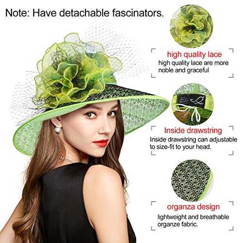 2026 Derby Hats for Women Ladies, Classy Organza Sun Hat, Church Tea Party Wedding Kentucky Fascinator Hat - color: B4215-green