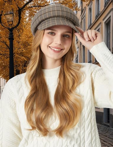 FEOYA Women Newsboy Hat Plaid Cabbie Caps Cotton Casual Stylish Beret Cap Paperboy Hats - color: Plaid-grey