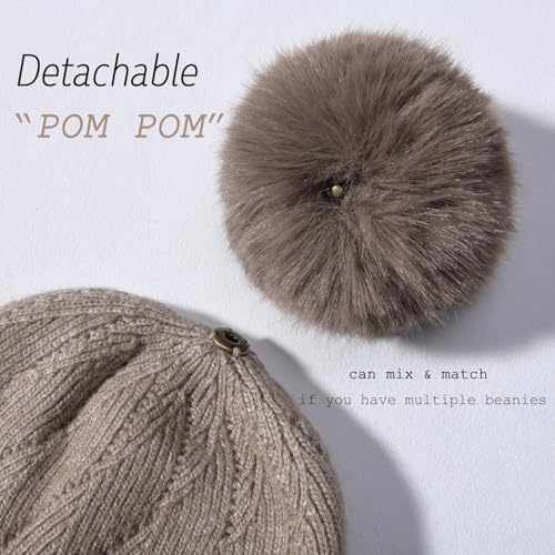 Knit Hat Scarf Set with Detachable Pom Pom, Wool Blend Winter Beanie & Long Scarf, Cold Weather Accessories for Women - color: Beige