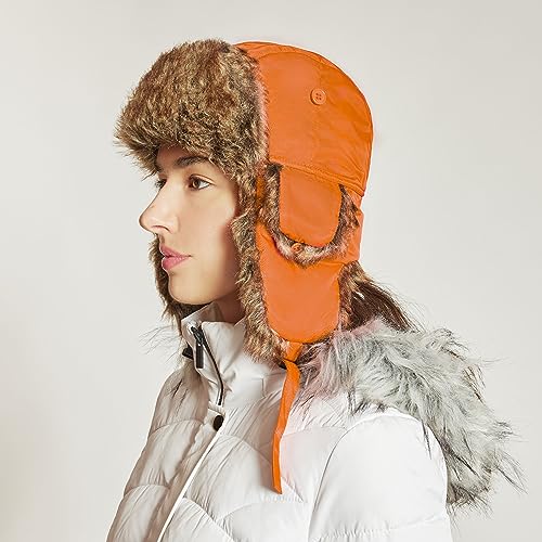 Faux Fur Safety Reflective Plain Plaid Aviator Trapper Hat Snow Ski Trooper Winter Cap - color: 1. Reflective - Blaze Orange, size: Small-Medium