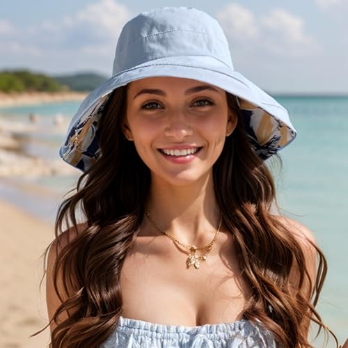 Wide Brim Sun Hats for Women UV Protection Reversible Bucket Hat Foldable Beach Hats Summer Hat for Garden Travel - color: Blue Petals