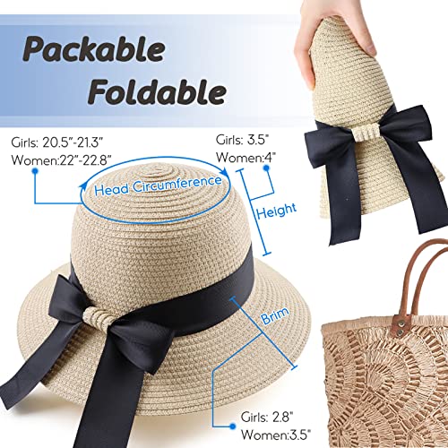 Zsedrut Women,Little Girls Straw Sun Hat Summer Beach Cap Foldable Visor Floppy Hats Wide Brim with Bowknot - color: Beige, size: One Size