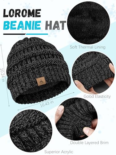 LOROME Winter Beanie Hat Scarf Gloves, Warm Fleece Knit Neck Scarf Set Gift - color: Black Gray Mix