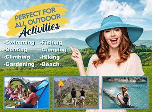 Straw Sun Visor for Women, Wide Brim UPF 50+ Protection Beach Hat, Adjustable, Roll Up Foldable Ponytail Cap with Chin Strap - color: Light Blue