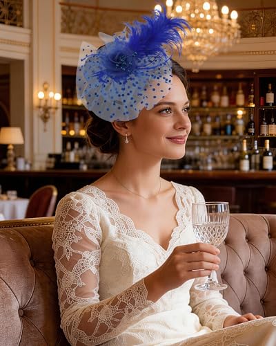 Zinniday Victoria Fascinators Hats for Women - 2026 Kentucky Feather Mesh Derby Hat 1920s Tea Party Headwear for Church - color: Blue