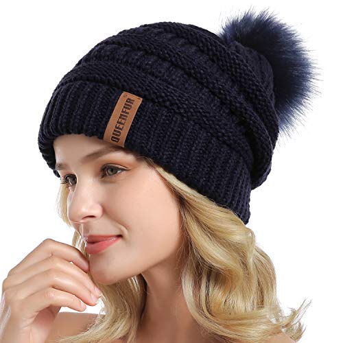 Women Knit Slouchy Beanie Chunky Baggy Hat with Faux Fur Pompom Winter Soft Warm Ski Cap - color: Navy