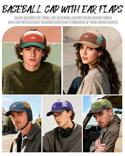 Croogo Fleece Baseball Cap with Ear Flaps Winter Warm 5 Panel Hat Soft Trapper Hat for Men - color: Purpleblack, size: One Size