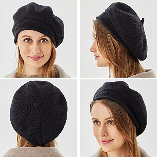 FENELY Beret Hat for Women, French Style Beanie Winter Fashion Warm Thickened Lining Knit Cap - color: Black
