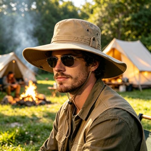 Sun Fishing Hat for Men UPF 50+ Wide Brim Boonie Hats for Summer - color: Khaki