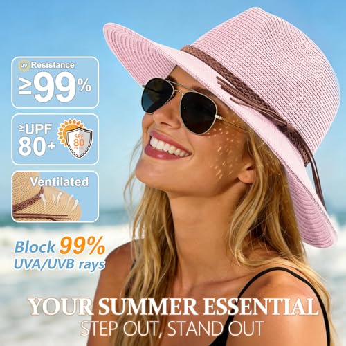 AQOKKA Summer Sun Hats for Women Straw Panama Hat with Wide Brim Roll Up Travel Fedora Beach Hat for Women Men UPF 50+ - color: Woven Rope : Pink