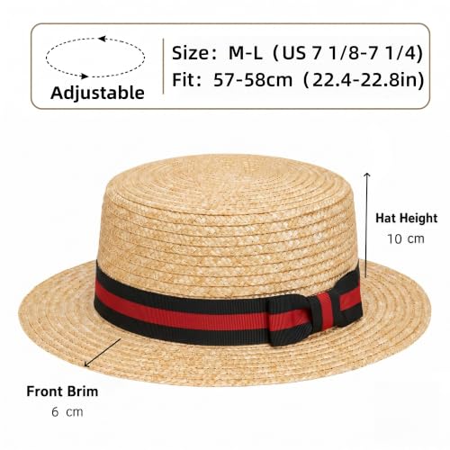 Classic Straw Boater Hat for Men and Women,Vintage Skimmer Flat Top Hat - color: Black Red Ribbon