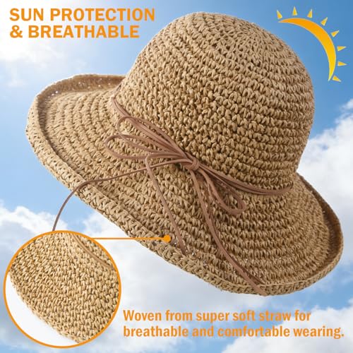Women's Straw Bucket Sun Hat, Packable Floppy Wide Brim Beach Hat - color: Khaki a