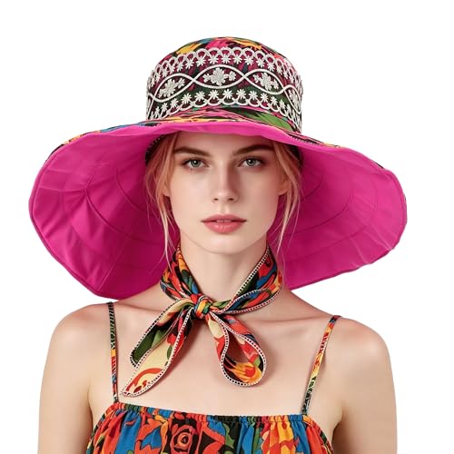 Women's Foldable Floppy Sun Hats Reversible Vacation Beach Cap Summer Wide Brim UPF 50+ Travel Fishing Bucket Hat - color: Rose Red