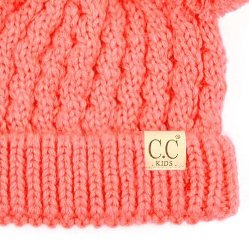C.C Kids' Cable Knit Double Pom Beanie for Kids - Comfortable Soft Warm Children Skully Hat with Pom - color: Yarn Pom Coral