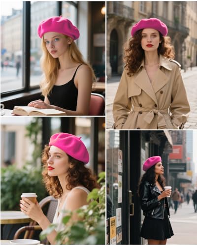 French Beret Hats for Women - Wool Solid Color Beanie Cap - color: Rose Red