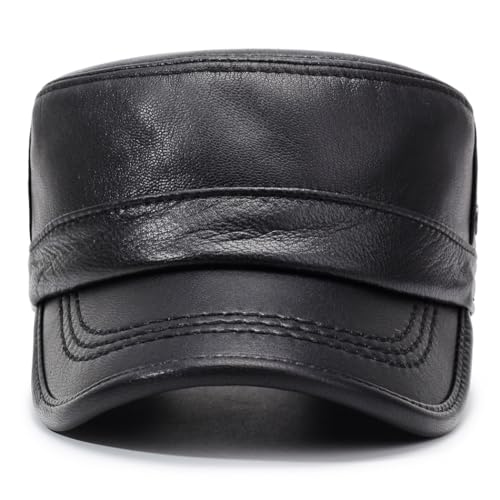 Men's Genuine Leather Cadet Army Caps Military Style Hat Flat Top Cap - color: Black