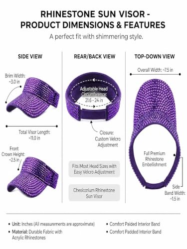 Women Shiny Rhinestone Bling Sun Visor Adjustable Tennis Beach Ponytail Hat - color: Purple Hat+purple Rhinestone
