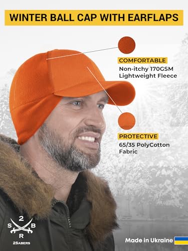 2SBR 2SABERS Mens Winter Hat with Earflaps and Visor - Warm Trucker Baseball Cap Hat - color: Blaze Orange, size: Small