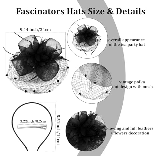 Semato Fascinators Hats for Women Mesh Feathers Elegant Black Tea Party Kentucky Hat Derby Headband with Hair Clip - color: Black